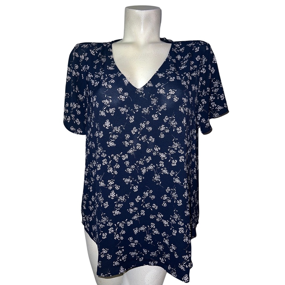 New 41 Hawthorn Zari V-Neck Flutter Sleeve Blouse Navy Blue Floral Womens Sz XL